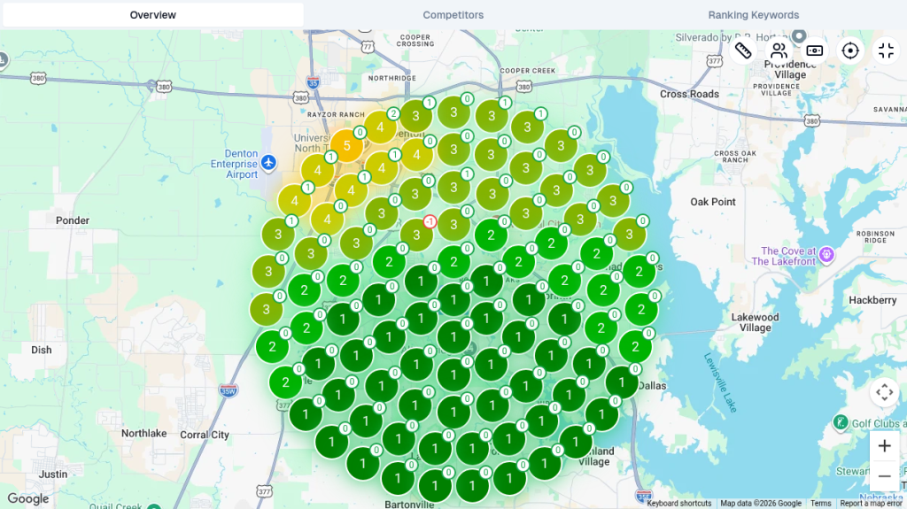 SEO Utils map heatmap for electrician denton in Denton