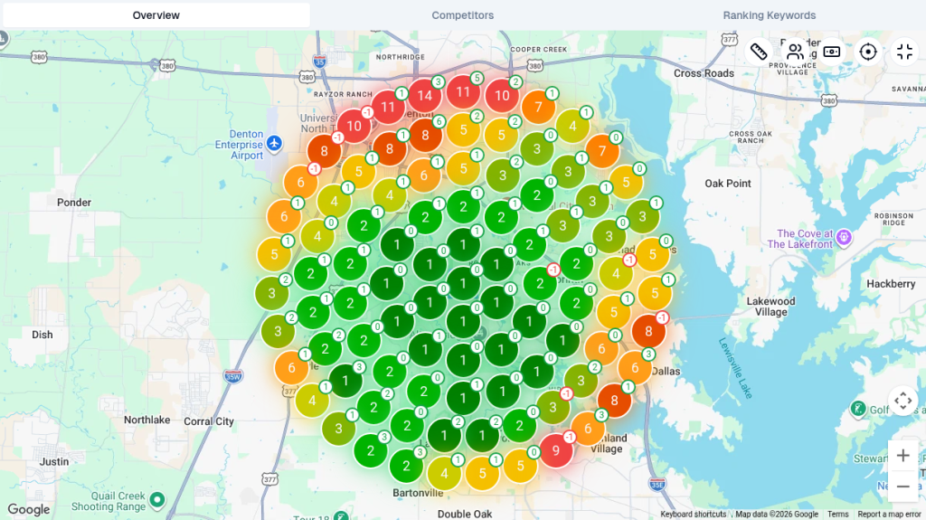 SEO Utils map heatmap for electrician near me in Denton
