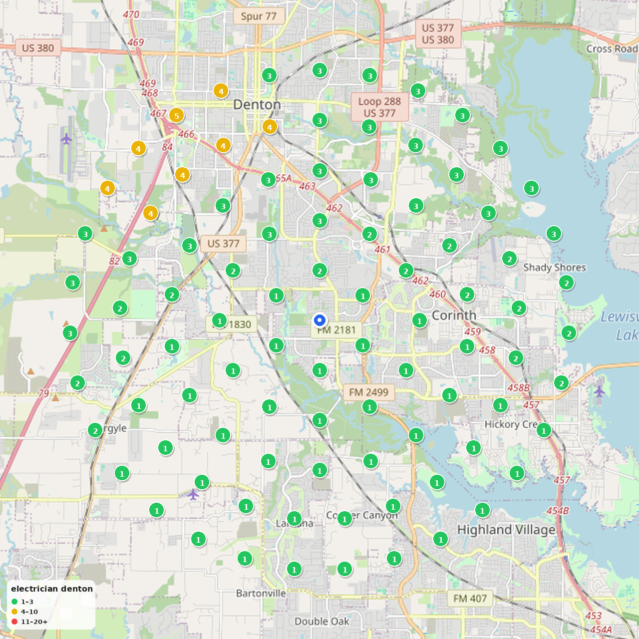 SEO Utils map heatmap for electrician denton in Denton