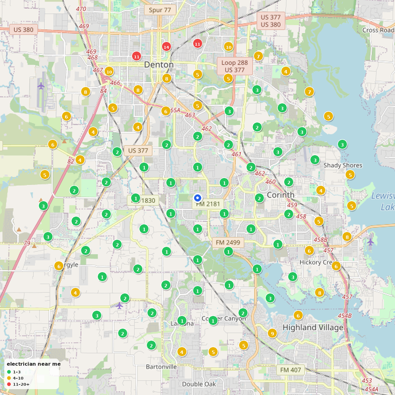 SEO Utils map heatmap for electrician near me in Denton