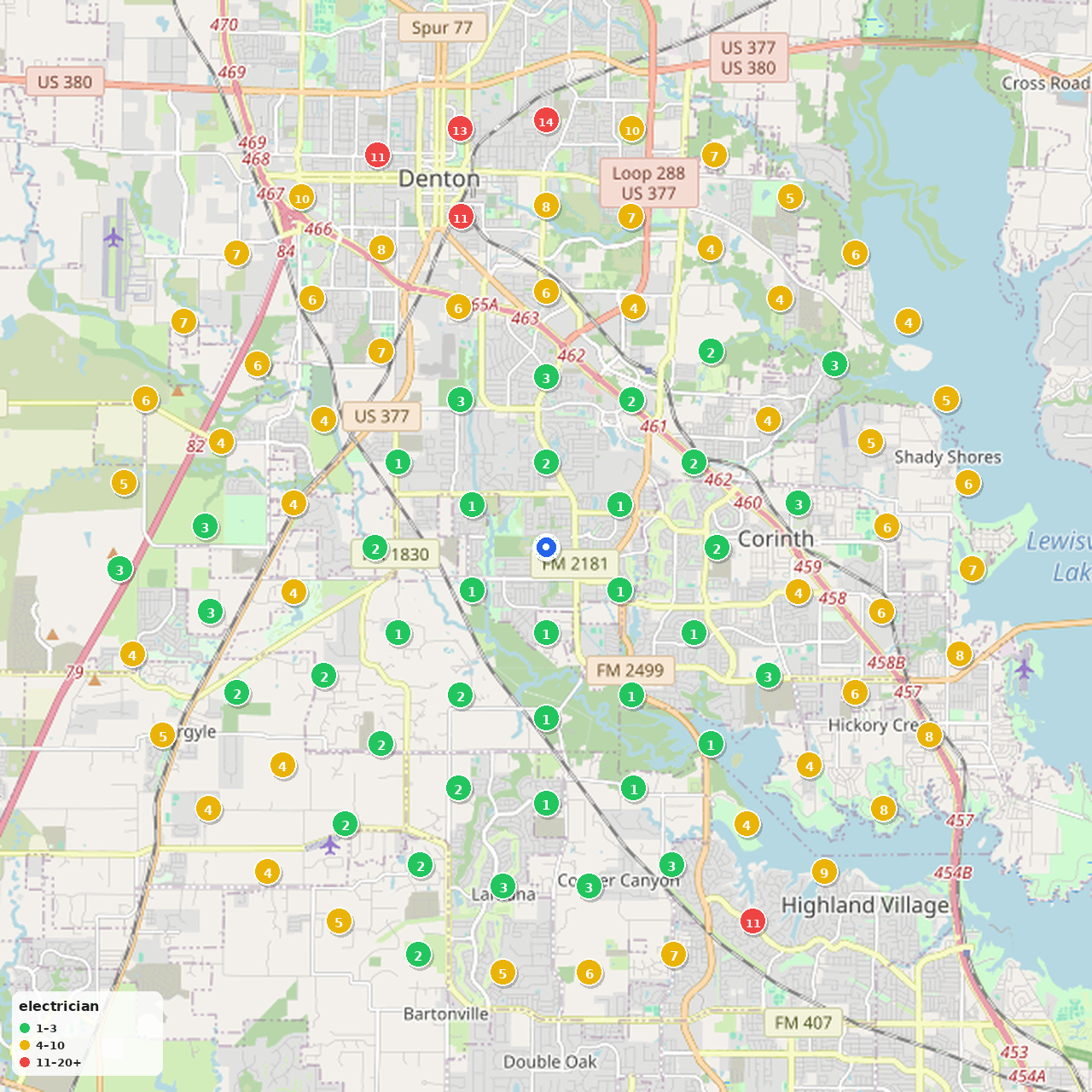 SEO Utils map heatmap for electrician in Denton