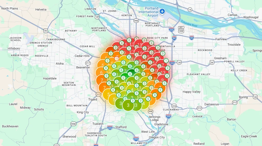 SEO Utils map heatmap for plumber portland in Portland, OR (Wildpine Plumbing)